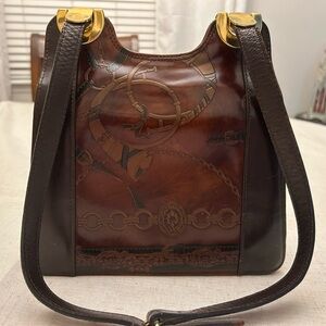 Vera Pelle Brown Leather Equestrian Messenger Bag with Gold Accents